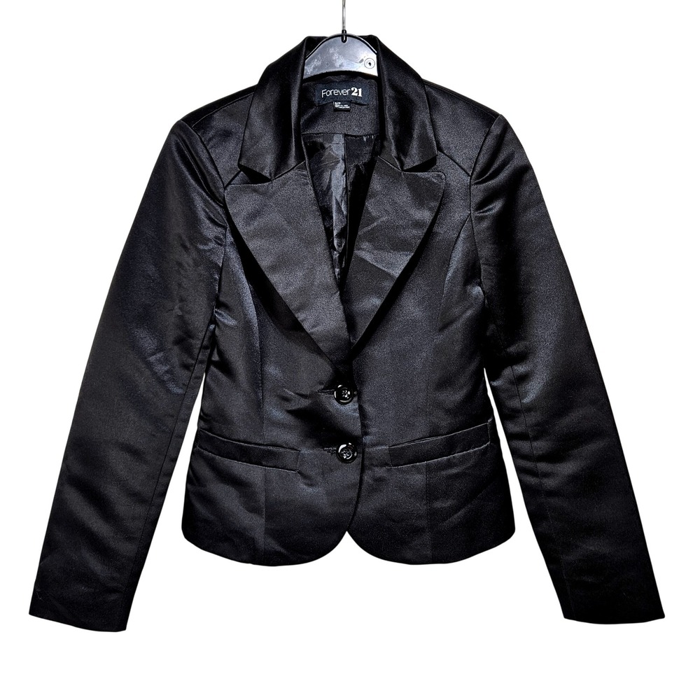 Forever 21 Black Satin Two Button Blazer Small Goth Career Dark Academia Formal